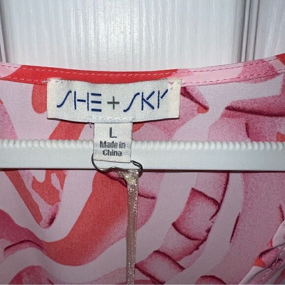 SHE+SKY Pink, Mauve and coral Empire waist Plunge Print Top w flutter sleeves Lg - Picture 5 of 13